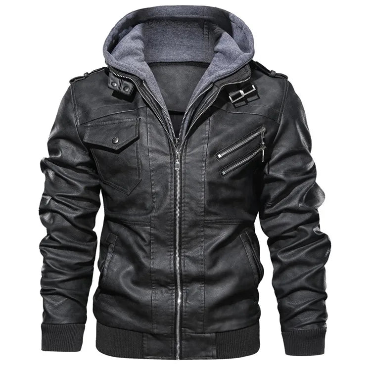 Men's Faux Leather Biker Jacket – Detachable Hood
