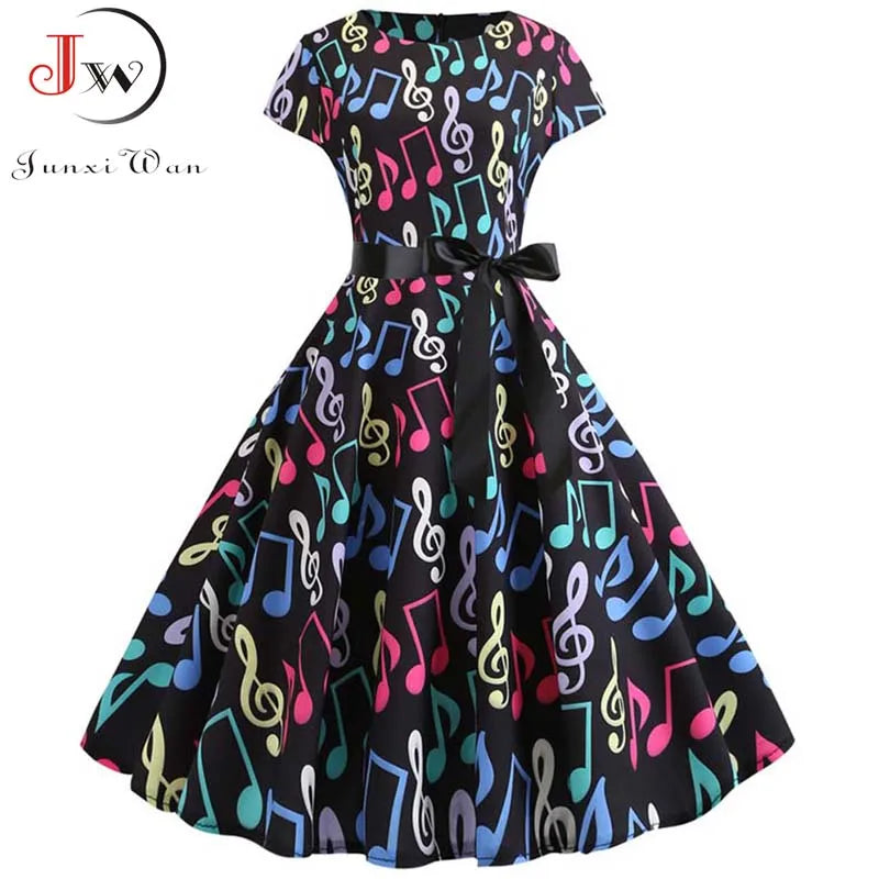 Women Summer Music Note Print Dress 50s 60s Robe Retro Swing Casual Vintage Party Dresses Vestidos