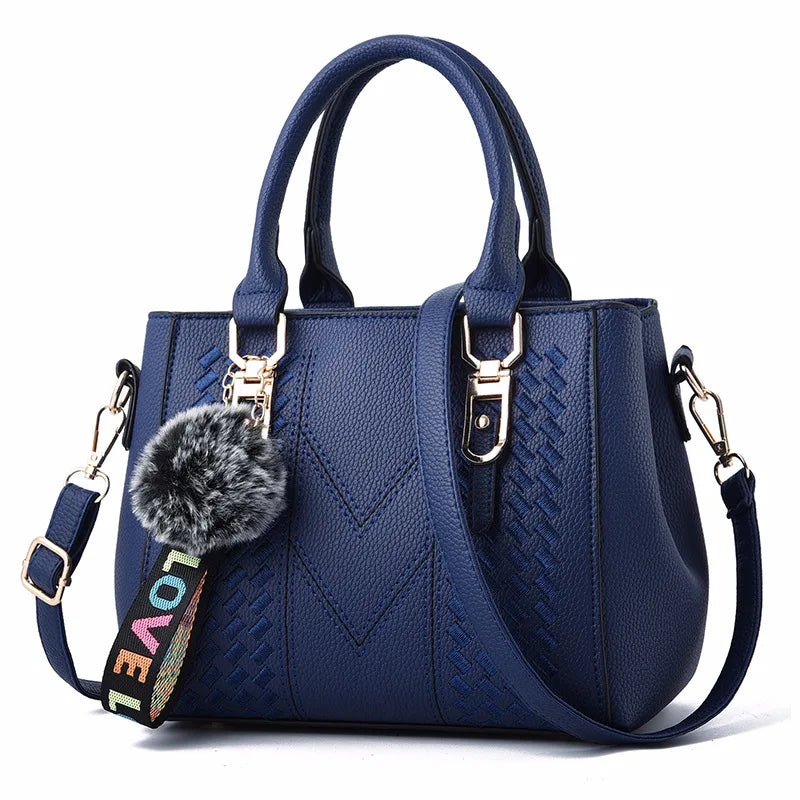 Embroidery Leather Messenger Bag – Women's Handbag with Hair Ball Charm in 12 Colors