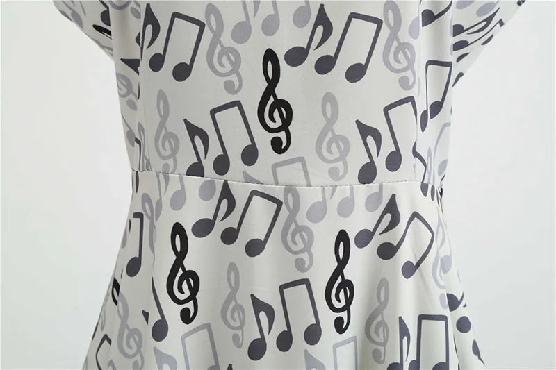 Women Summer Music Note Print Dress 50s 60s Robe Retro Swing Casual Vintage Party Dresses Vestidos