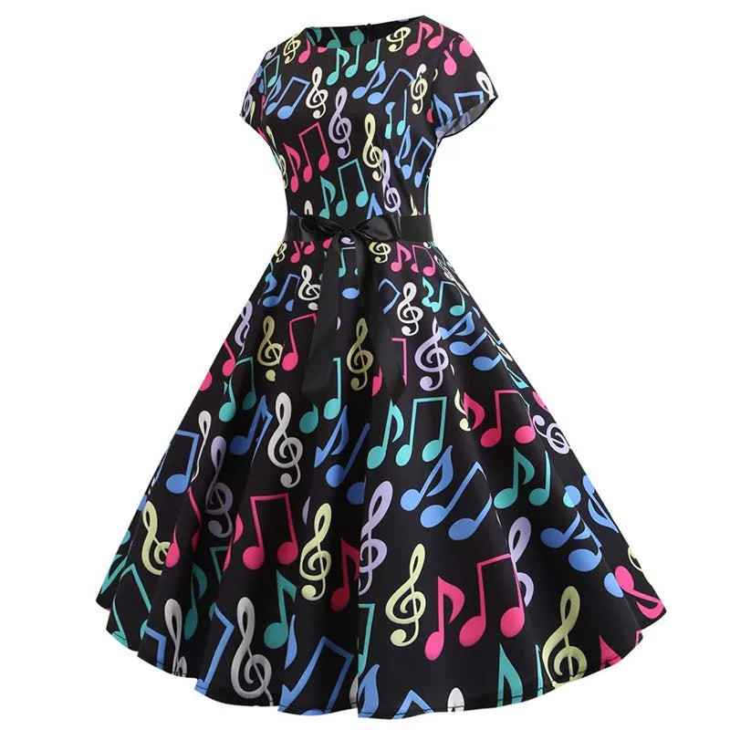 Women Summer Music Note Print Dress 50s 60s Robe Retro Swing Casual Vintage Party Dresses Vestidos