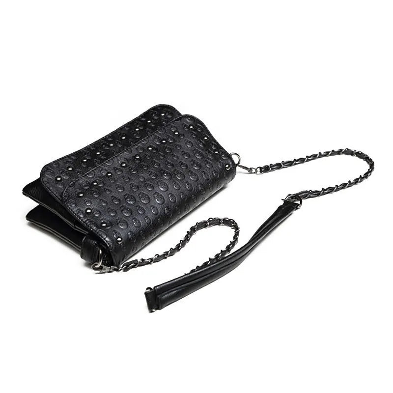 JIEROTYX England Style Skull Print PU Leather Crossbody Bag – Rivet Chain Shoulder Clutch for Women
