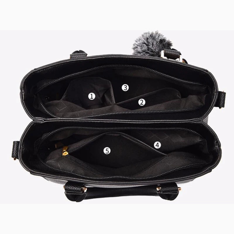 Embroidery Leather Messenger Bag – Women's Handbag with Hair Ball Charm in 12 Colors
