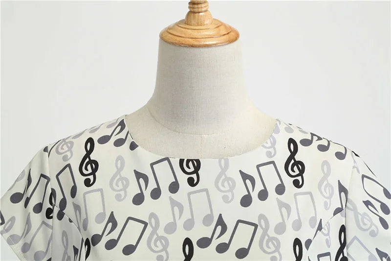 Women Summer Music Note Print Dress 50s 60s Robe Retro Swing Casual Vintage Party Dresses Vestidos