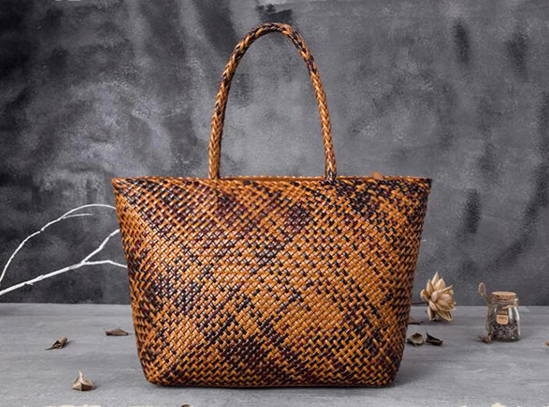 Handmade Woven Cowhide Leather Bucket Tote Bag – Romantic Beach Shoulder Handbag for Women