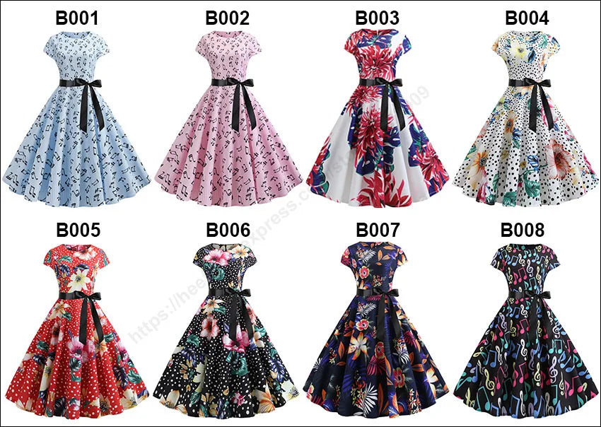Women Summer Music Note Print Dress 50s 60s Robe Retro Swing Casual Vintage Party Dresses Vestidos