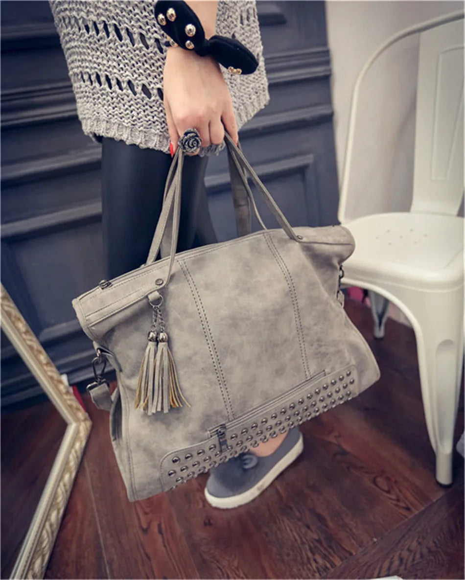 Luxury Matte Faux Suede Large Tote Bag – Vintage Rivet Tassel Handbag for Women