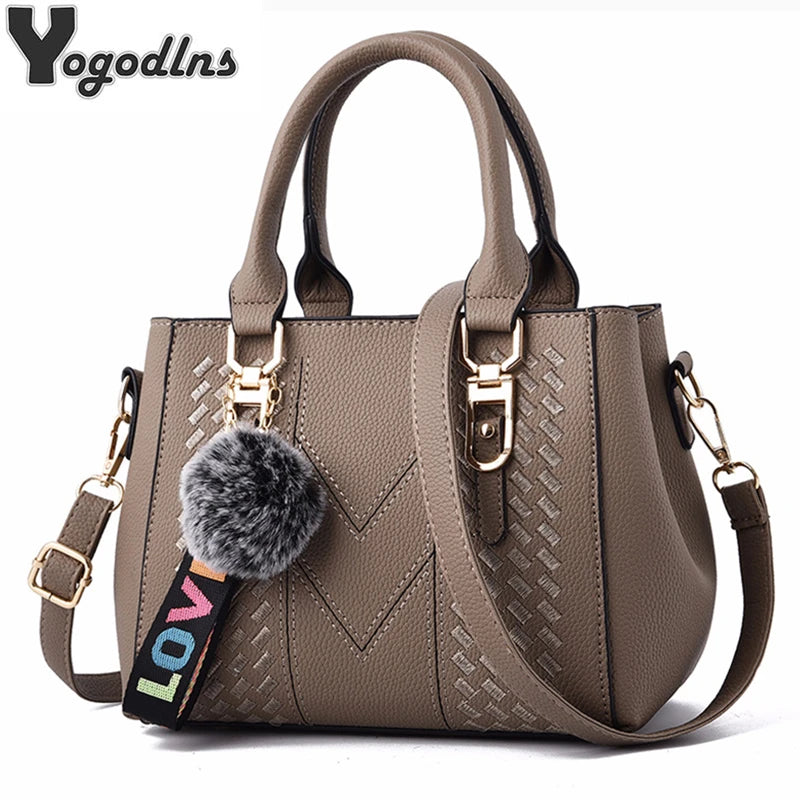 Embroidery Leather Messenger Bag – Women's Handbag with Hair Ball Charm in 12 Colors
