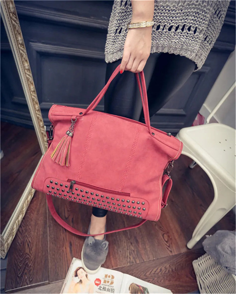 Luxury Matte Faux Suede Large Tote Bag – Vintage Rivet Tassel Handbag for Women