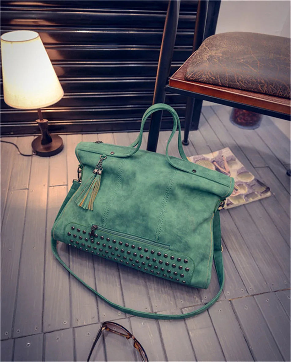 Luxury Matte Faux Suede Large Tote Bag – Vintage Rivet Tassel Handbag for Women