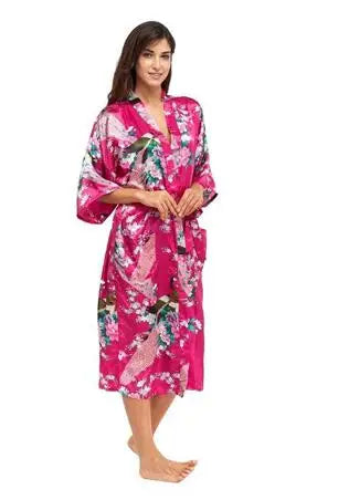 Silk Floral Bridesmaid Kimono Robe | Long Satin Bridal Dressing Gown