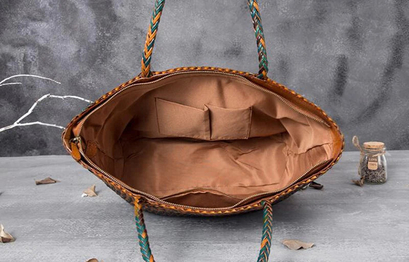 Handmade Woven Cowhide Leather Bucket Tote Bag – Romantic Beach Shoulder Handbag for Women
