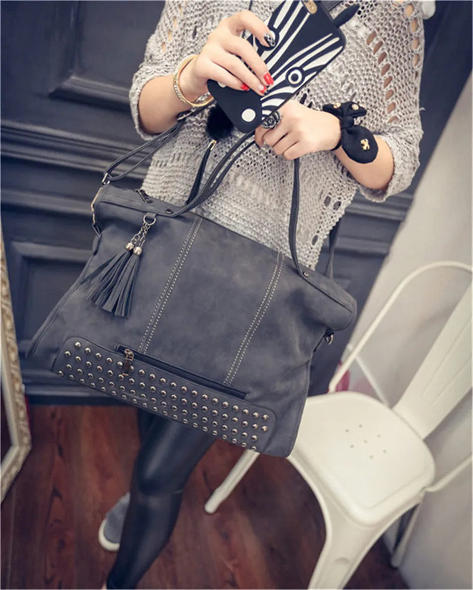 Luxury Matte Faux Suede Large Tote Bag – Vintage Rivet Tassel Handbag for Women