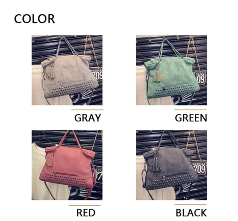 Luxury Matte Faux Suede Large Tote Bag – Vintage Rivet Tassel Handbag for Women