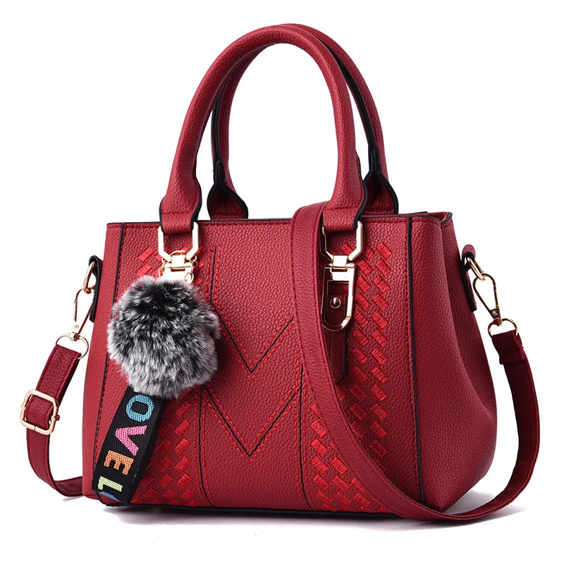 Embroidery Leather Messenger Bag – Women's Handbag with Hair Ball Charm in 12 Colors