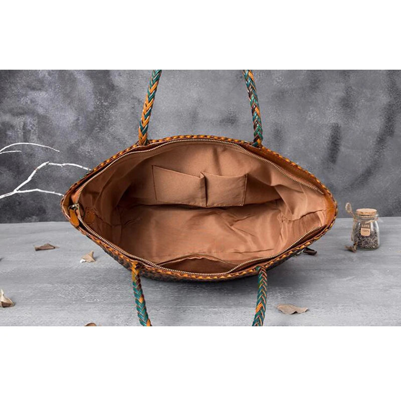 Handmade Woven Cowhide Leather Bucket Tote Bag – Romantic Beach Shoulder Handbag for Women