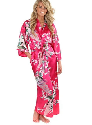 Silk Floral Bridesmaid Kimono Robe | Long Satin Bridal Dressing Gown