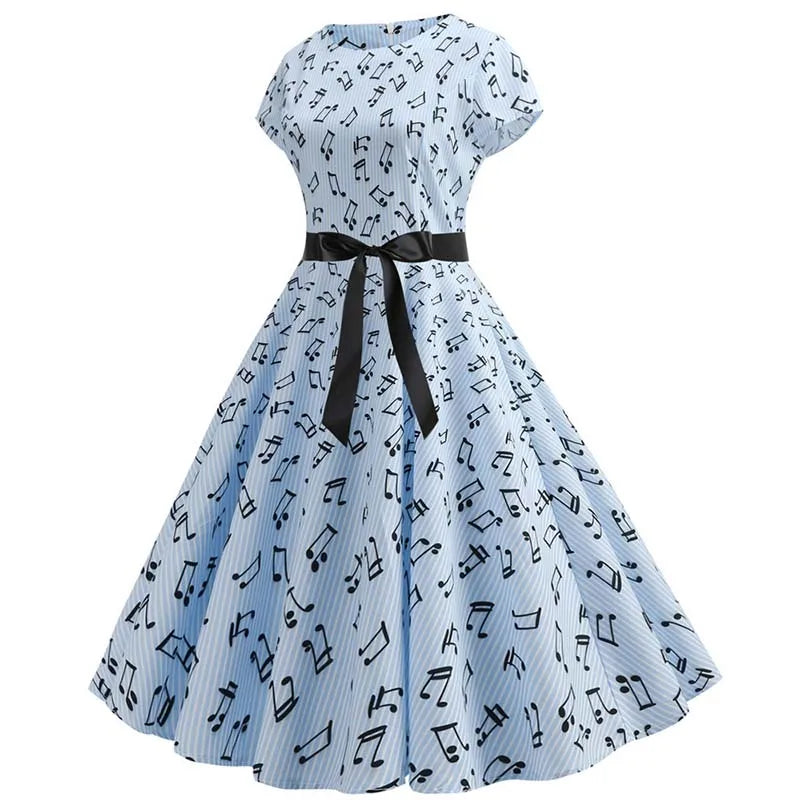 Women Summer Music Note Print Dress 50s 60s Robe Retro Swing Casual Vintage Party Dresses Vestidos