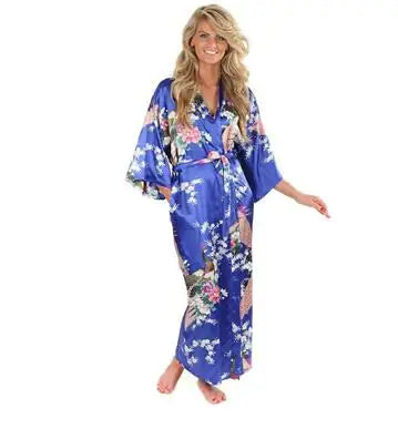 Silk Floral Bridesmaid Kimono Robe | Long Satin Bridal Dressing Gown