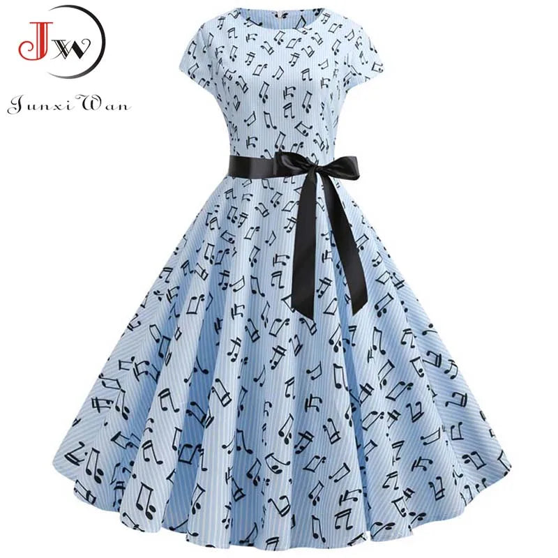 Women Summer Music Note Print Dress 50s 60s Robe Retro Swing Casual Vintage Party Dresses Vestidos