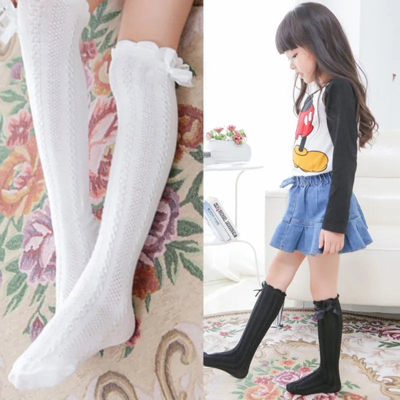 Girls’ Knee-High Bow Cartoon Socks — Ages 2–12