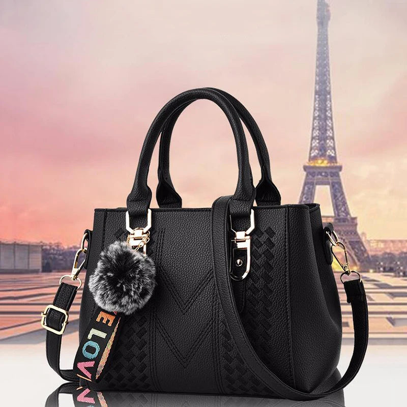 Embroidery Leather Messenger Bag – Women's Handbag with Hair Ball Charm in 12 Colors