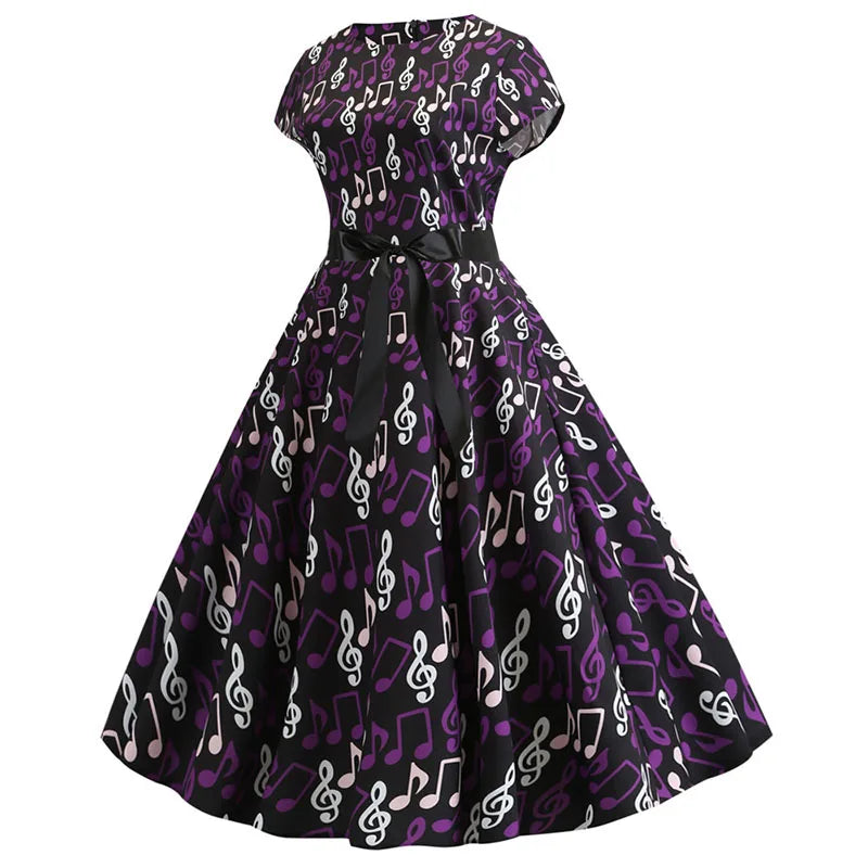 Women Summer Music Note Print Dress 50s 60s Robe Retro Swing Casual Vintage Party Dresses Vestidos