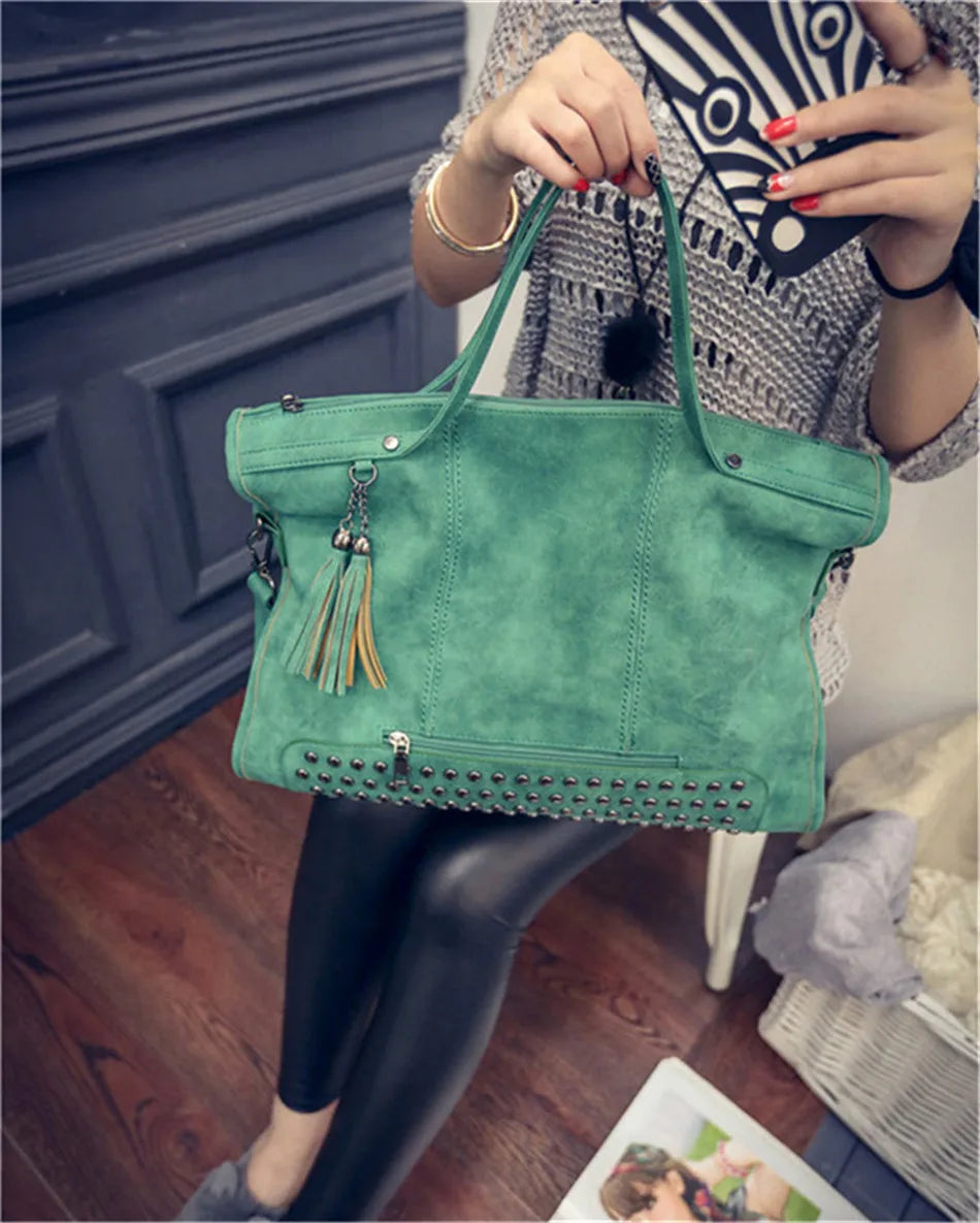 Luxury Matte Faux Suede Large Tote Bag – Vintage Rivet Tassel Handbag for Women