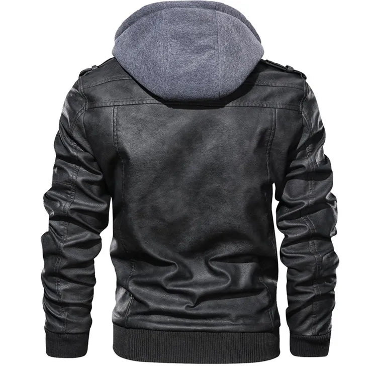 Men's Faux Leather Biker Jacket – Detachable Hood