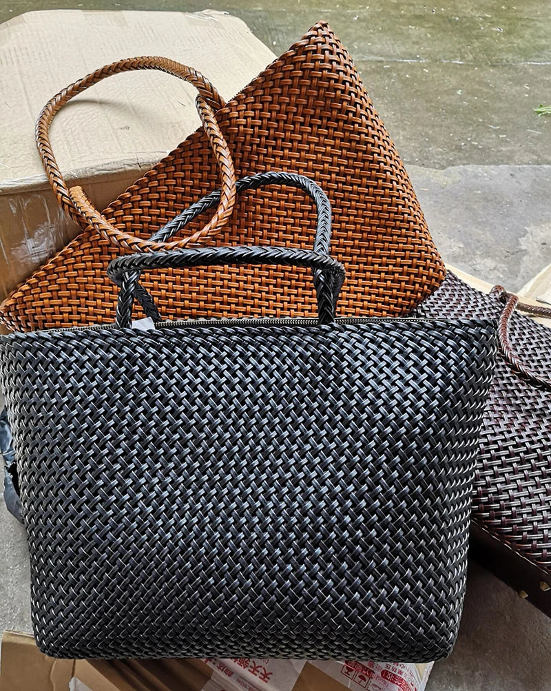 Handmade Woven Cowhide Leather Bucket Tote Bag – Romantic Beach Shoulder Handbag for Women