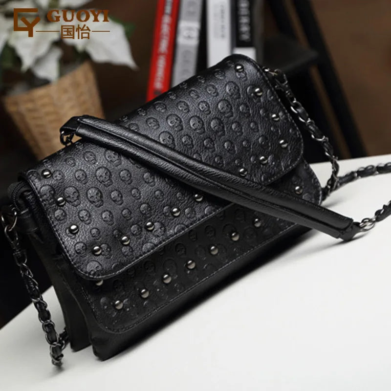 JIEROTYX England Style Skull Print PU Leather Crossbody Bag – Rivet Chain Shoulder Clutch for Women