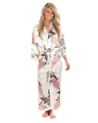 Silk Floral Bridesmaid Kimono Robe | Long Satin Bridal Dressing Gown