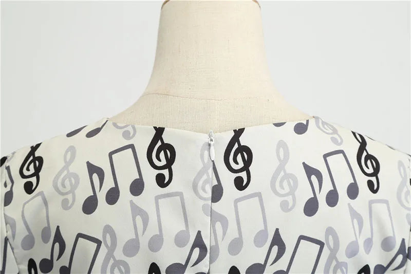 Women Summer Music Note Print Dress 50s 60s Robe Retro Swing Casual Vintage Party Dresses Vestidos