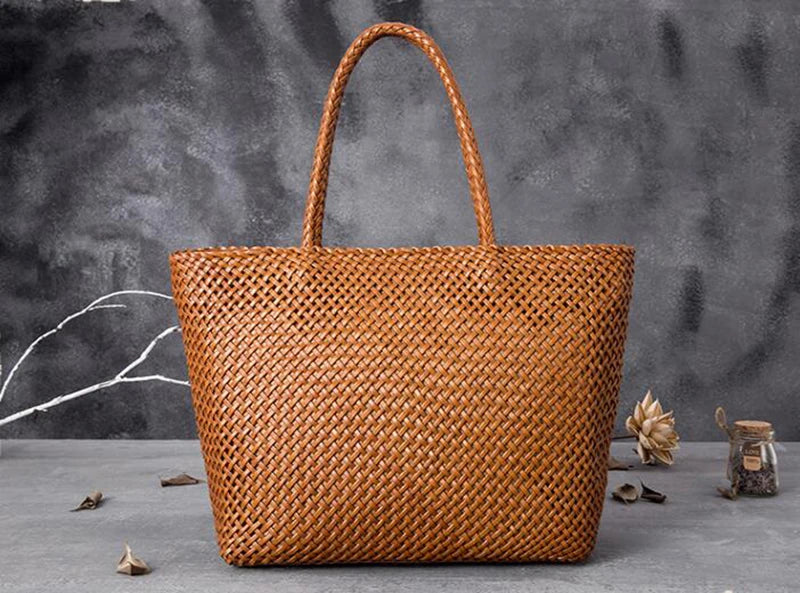 Handmade Woven Cowhide Leather Bucket Tote Bag – Romantic Beach Shoulder Handbag for Women