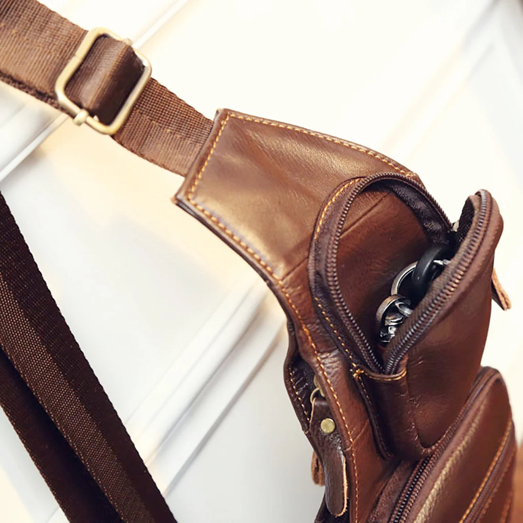 HAOSHUAI Men’s Genuine Leather Crossbody Sling Bag – Vintage Half-Moon, Zipper, Travel & Casual, Black & Coffee