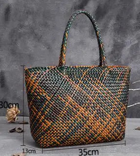 Handmade Woven Cowhide Leather Bucket Tote Bag – Romantic Beach Shoulder Handbag for Women
