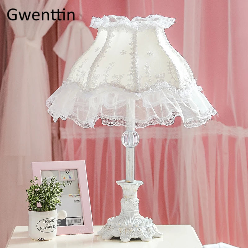 Lace Table Lamp – Pink or White Fabric Shade