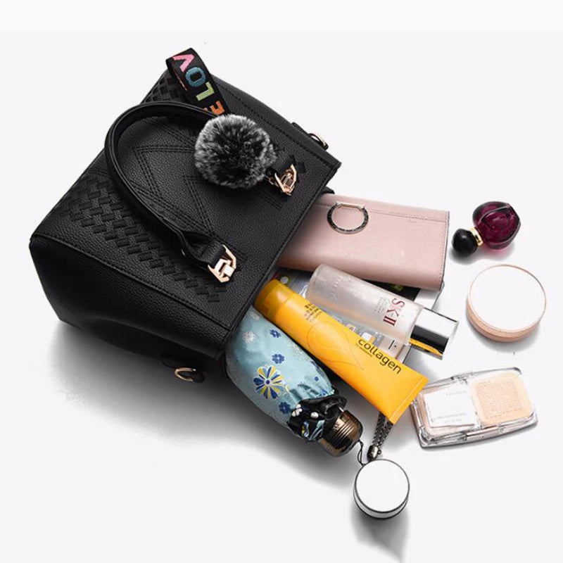 Embroidery Leather Messenger Bag – Women's Handbag with Hair Ball Charm in 12 Colors