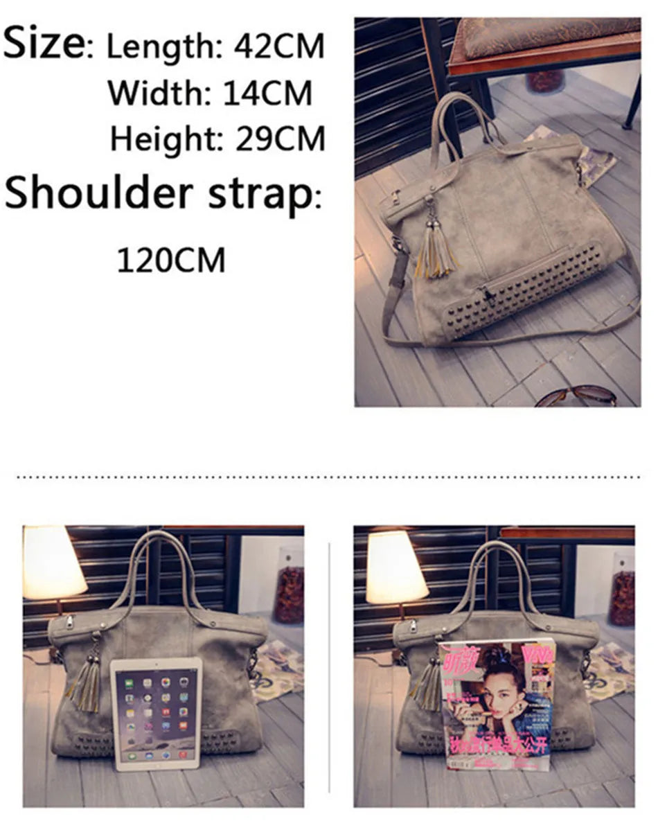 Luxury Matte Faux Suede Large Tote Bag – Vintage Rivet Tassel Handbag for Women