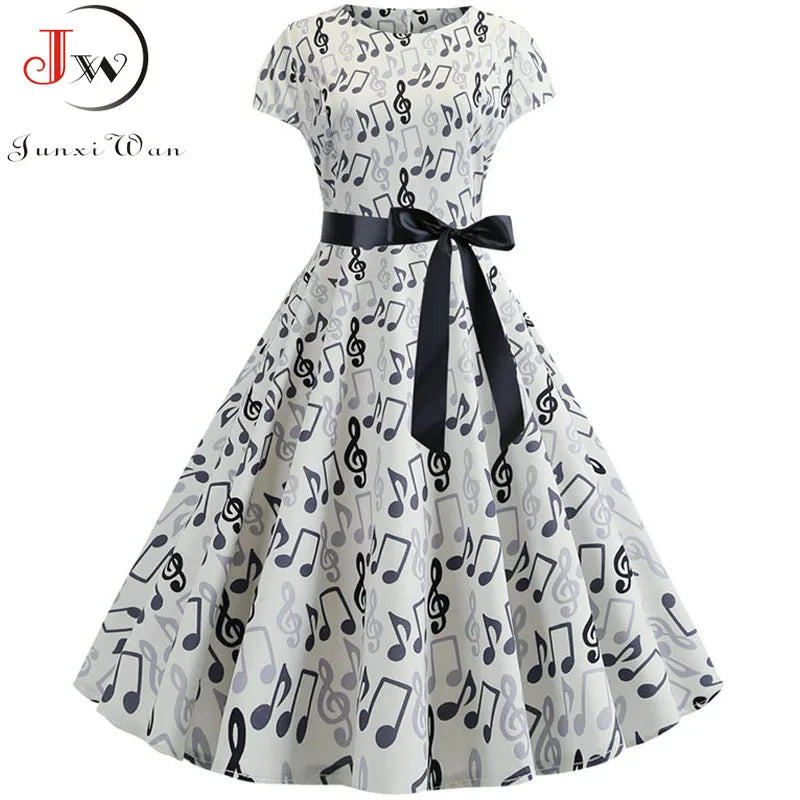 Women Summer Music Note Print Dress 50s 60s Robe Retro Swing Casual Vintage Party Dresses Vestidos
