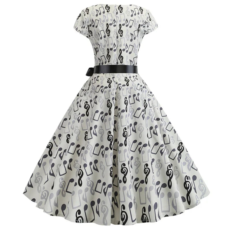 Women Summer Music Note Print Dress 50s 60s Robe Retro Swing Casual Vintage Party Dresses Vestidos