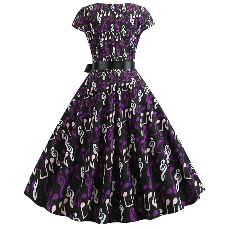 Women Summer Music Note Print Dress 50s 60s Robe Retro Swing Casual Vintage Party Dresses Vestidos
