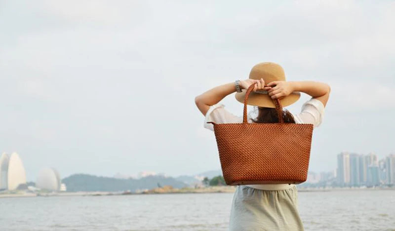 Handmade Woven Cowhide Leather Bucket Tote Bag – Romantic Beach Shoulder Handbag for Women