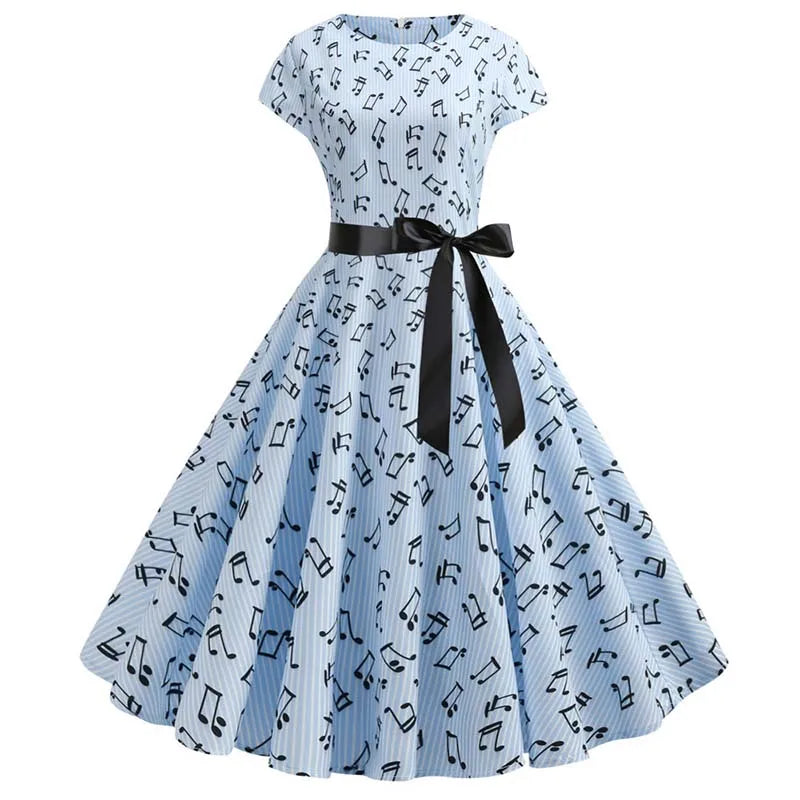 Women Summer Music Note Print Dress 50s 60s Robe Retro Swing Casual Vintage Party Dresses Vestidos