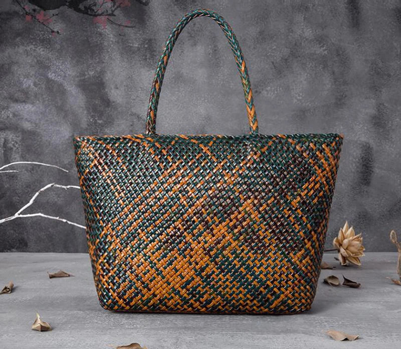 Handmade Woven Cowhide Leather Bucket Tote Bag – Romantic Beach Shoulder Handbag for Women