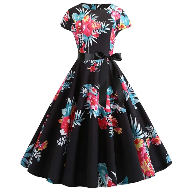 Women Summer Music Note Print Dress 50s 60s Robe Retro Swing Casual Vintage Party Dresses Vestidos