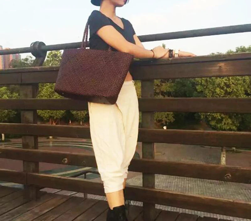 Handmade Woven Cowhide Leather Bucket Tote Bag – Romantic Beach Shoulder Handbag for Women