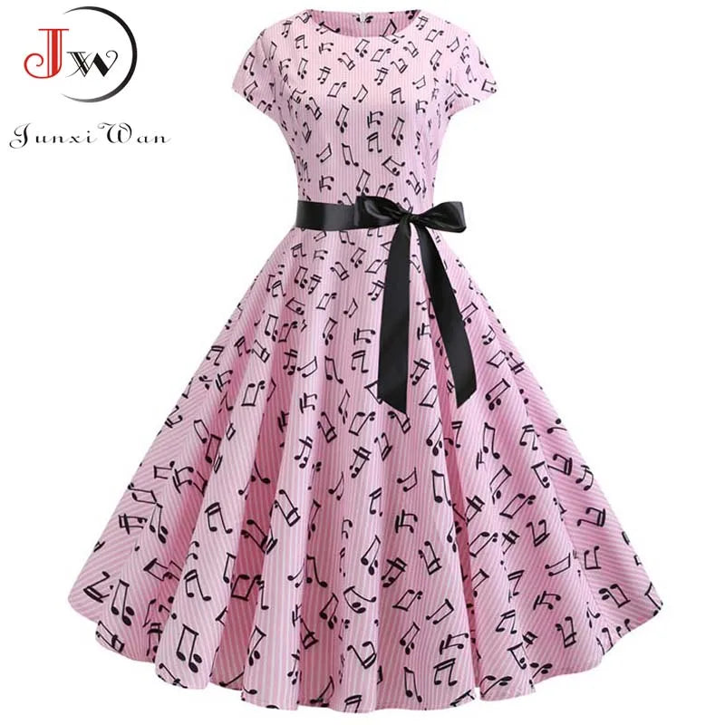 Women Summer Music Note Print Dress 50s 60s Robe Retro Swing Casual Vintage Party Dresses Vestidos