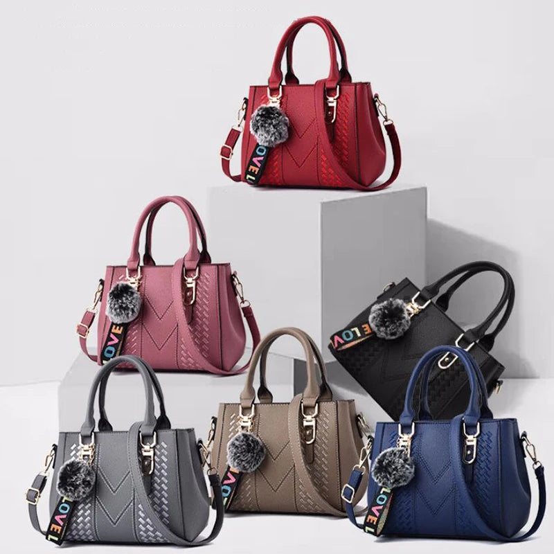 Embroidery Leather Messenger Bag – Women's Handbag with Hair Ball Charm in 12 Colors