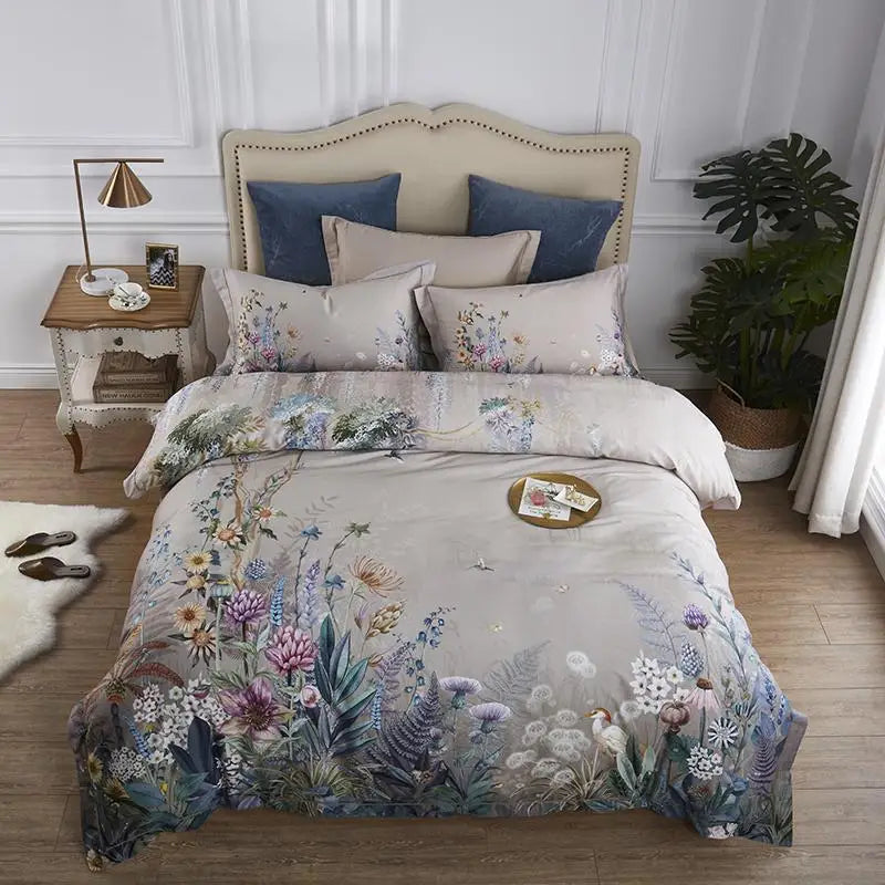 600TC Egyptian Cotton Bedding Set – Birds & Flowers Leaf Print, 16 Colors, Queen to US King